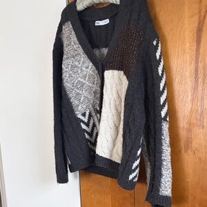 Zara Black Patchwork Cable & Textured Knit Cardigan with Cream and Brown Panels